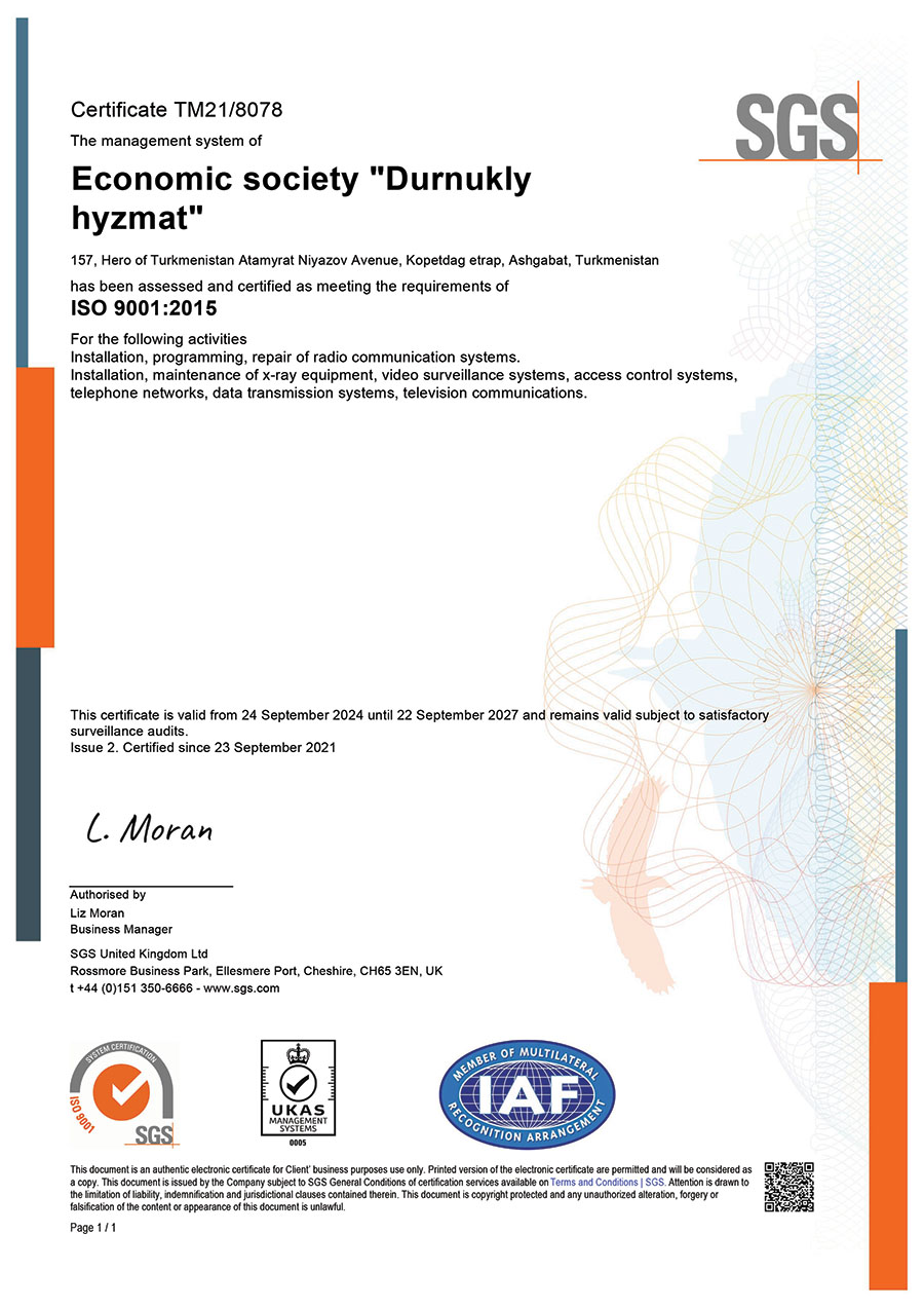 Durnukly Hyzmat kompaniýasynyň ISO 9001 hil menejmenti ulgamynyň sertifikaty